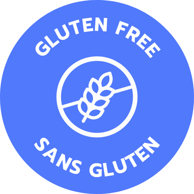 Blue circle with 'GLUTEN FREE' and 'SANS GLUTEN' text and a wheat symbol on a green background